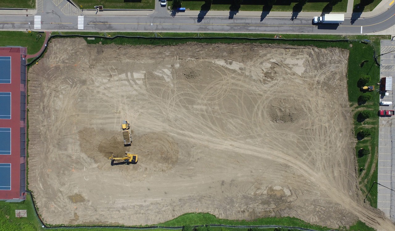 Construction is on schedule for Brock University's new artificial turf field, shown here in an aerial photograph.
