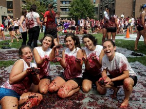 It didn't take long for teams to be covered head to toes in grape juice and peels during Grape Stomp.