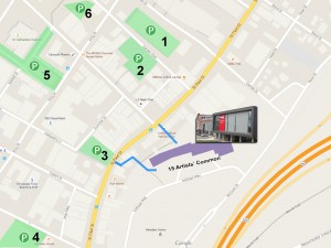 A parking map for the Marilyn I. Walker School of Fine and Performing Arts grand opening.