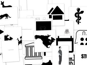 A graphic showing black and white icons in a collage