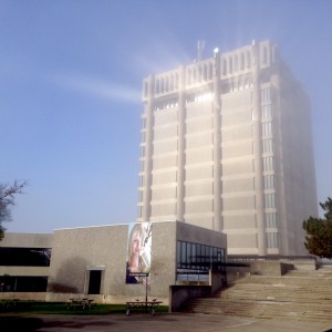 Fog reacts with light on Schmon Tower in this picture by Bradley Clarke.