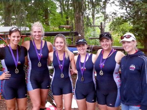 All crews from Brock's women's heavyweight rowing team were able to open up their fall season with gold medals at the University of Western Ontario Invitational Regatta on Saturday, September 19. The coxed four Karen Dancy, left, Alyssa Toffolo, Andrea Jansen [coxie], Taylor Iseppon, Isabella Mazzarolo and head coach Jacqui Beattie topped McMaster for the gold. Alex Dunlap and Meaghan Oinonen rowing in the double also captured gold and Stephanie Mowder continued the streak winning gold in the women's single.