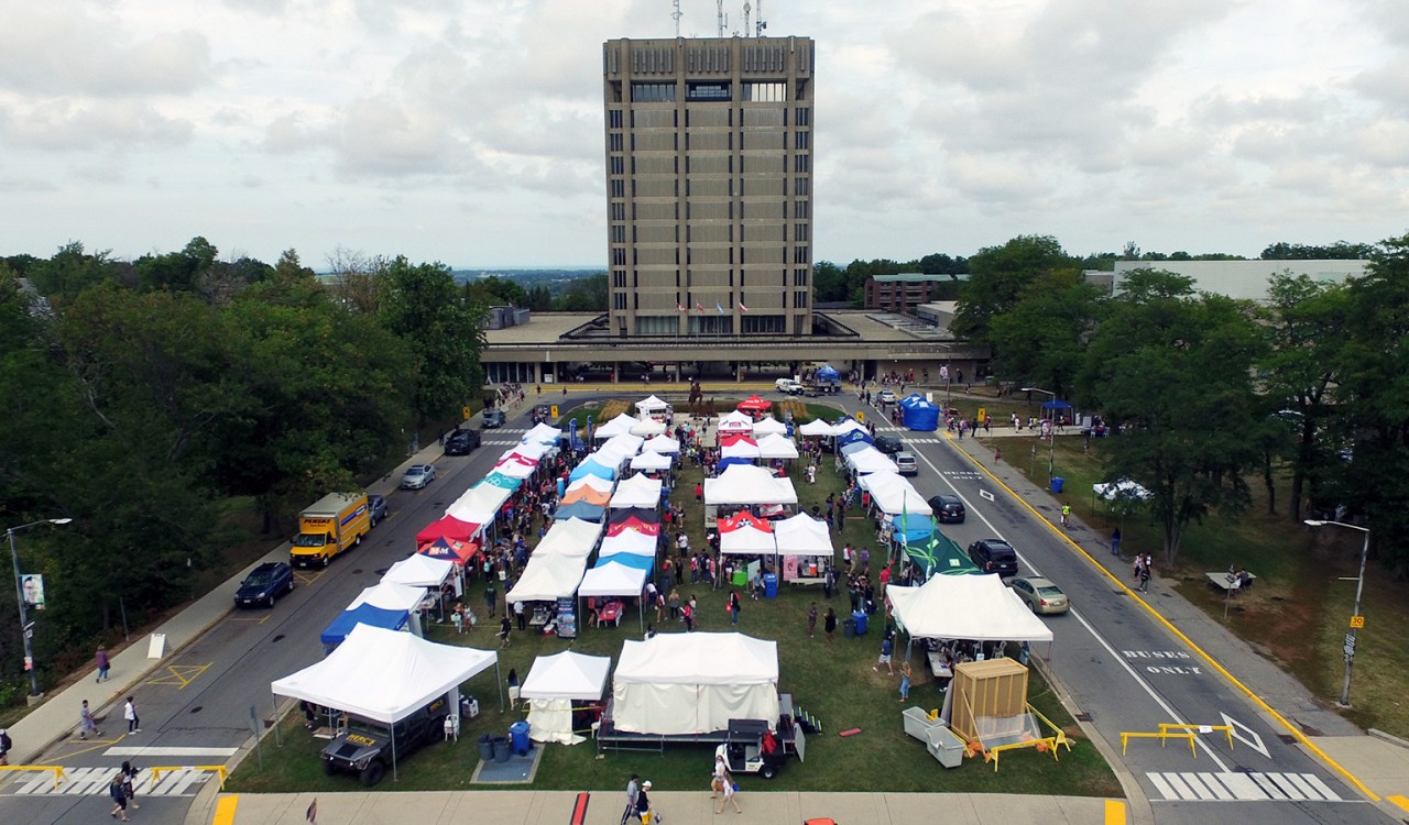 An aerial view of the vendor fair on Schmon Tower field.