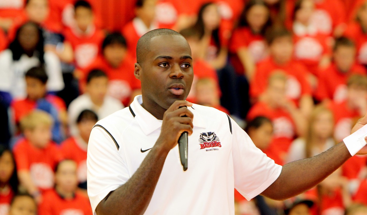 Brock University men's basketball head coach Charles Kissi talks to 800 elementary students during Badgers vs. Bullying on Oct. 22.