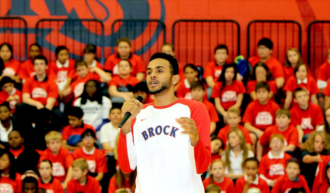 Brock University men's basketball player Dani Elgadi talks to 800 elementary students during Badgers vs. Bullying on Oct. 22.
