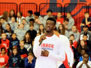 Brock University men's basketball player Johneil Simpson talks to 800 elementary students during Badgers vs. Bullying on Oct. 22.