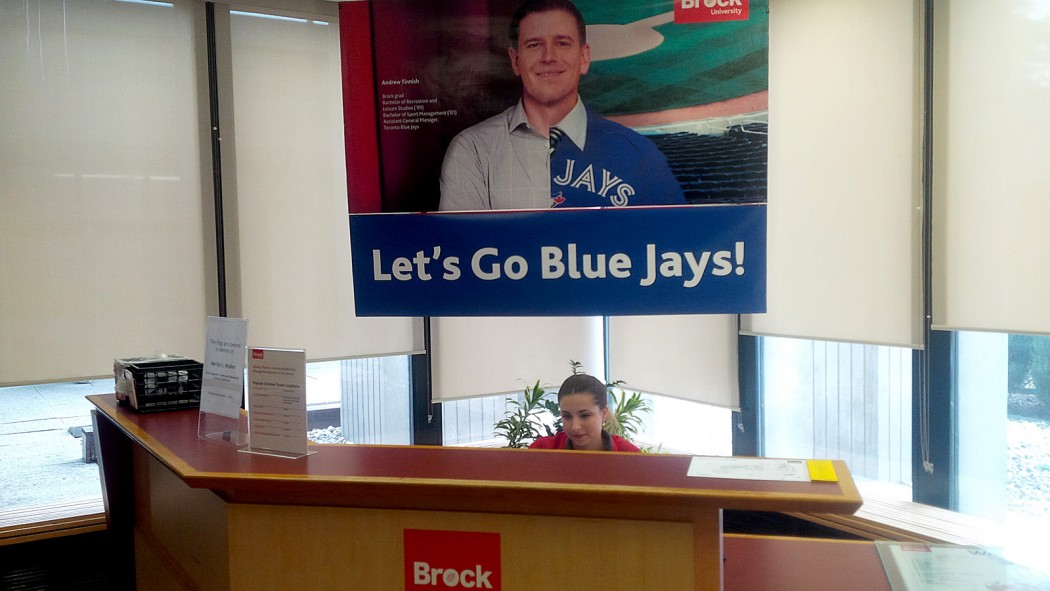 This Let's Go Blue Jays poster can be seen above the help desk in Schmon Tower.