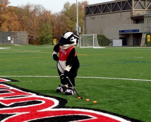 Boomer practices his slapshot on the artificial turf field.