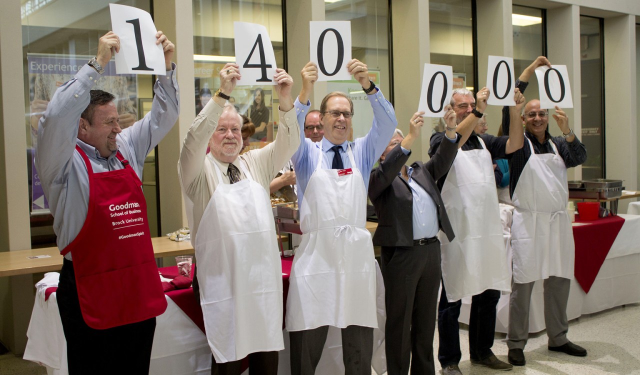 Brock University's United Way campaign goal was unvield to be $140,000 Wednesday at the annual Souper Star Lunch. From left are Don Cyr, Dean, Goodman School of Business, David Siegel, interim Dean of Faculty of Education, Peter Tiidus, Dean of the Faculty of Applied Health Sciences, Carol Merriam, interim Dean of the Faculty of Humanities, Nick Baxter-Moore, Associate Dean in the Faculty of Social Sciences and Hichem Ben-El-Mechaiekh, Associate Dean in the Faculty of Mathematics and Sciences.