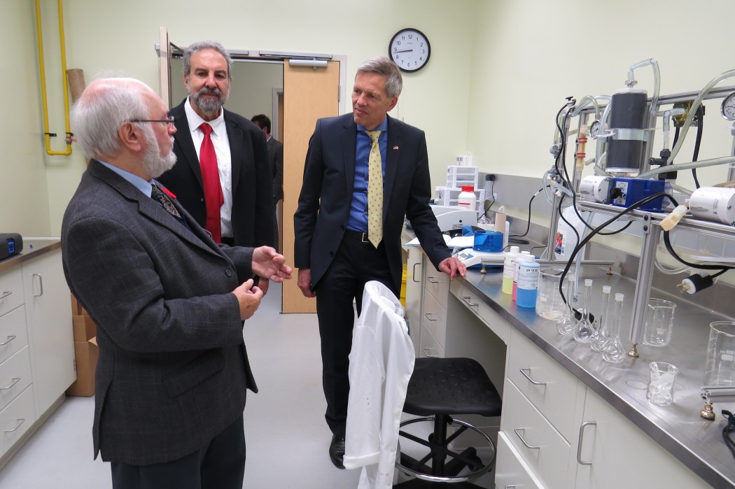 German Consul General Walter Stechel (right) during a tour of Biolinc, the Goodman School of Business's business incubation facility. With him are Dan Lynch, Biolinc manager (far left) and Gary Libben (centre), Brock University's Vice-President, Research. Stechel is visiting Brock during today's German Academic Exchange Service (DAAD) Information Sessions for students and faculty.