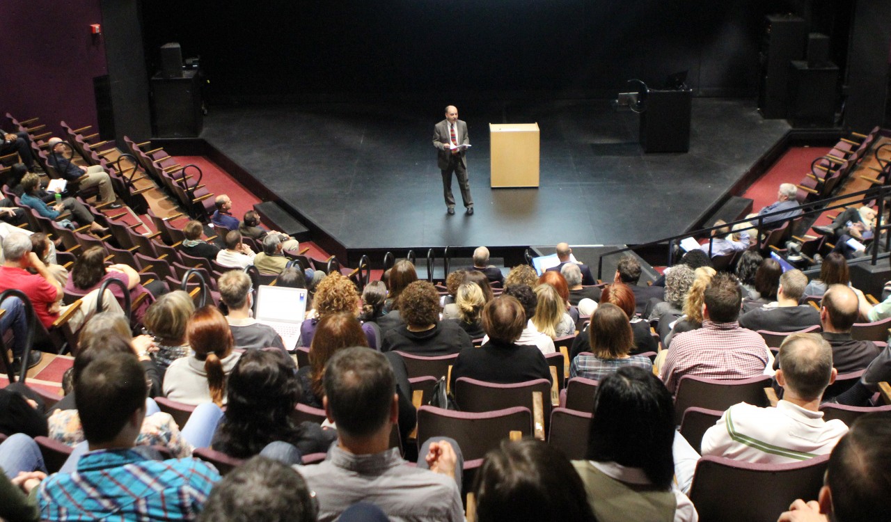 Brock University President Jack Lightstone speaks to staff and faculty during a Town Hall Meeting at Sean O'Sullivan Theatre Wednesday, Nov. 18, 2015.