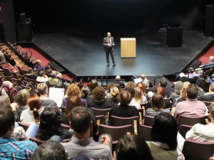 Brock University President Jack Lightstone speaks to staff and faculty during a Town Hall Meeting at Sean O'Sullivan Theatre Wednesday, Nov. 18, 2015.