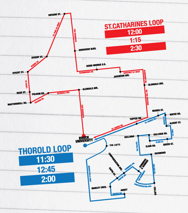 A map showing the loops the Drive Home shuttle will take and pickup times.