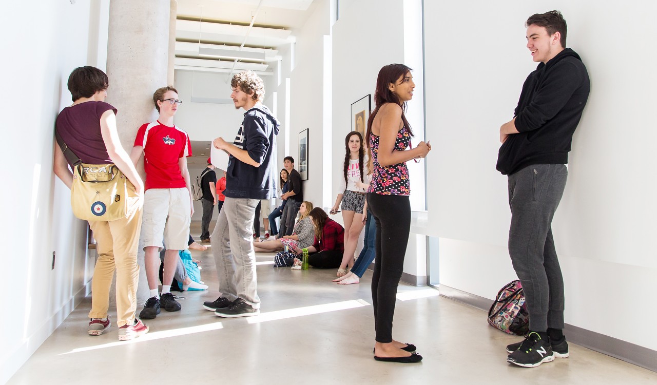 Students in the hallway at the Brock University Marilyn I. Walker School of Fine and Performing Arts which opened in September, 2015.