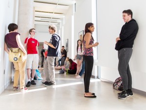 Students in the hallway at the Brock University Marilyn I. Walker School of Fine and Performing Arts which opened in September, 2015.