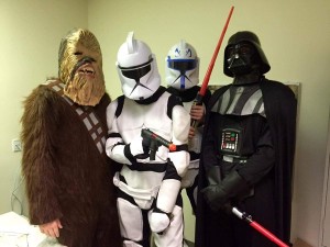 Star Wars characters including Darth Vader, Chewie and two troopers.