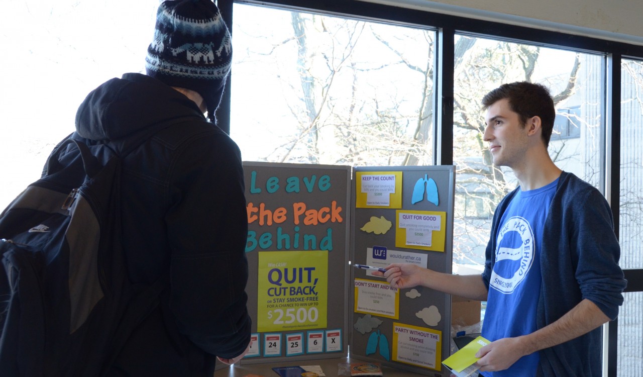 Grant Hayward, member LTPB communications team was in the Mac Chown A Block hallway this week speaking with students about strategies for quitting and the benefits of the wouldurather Contest.