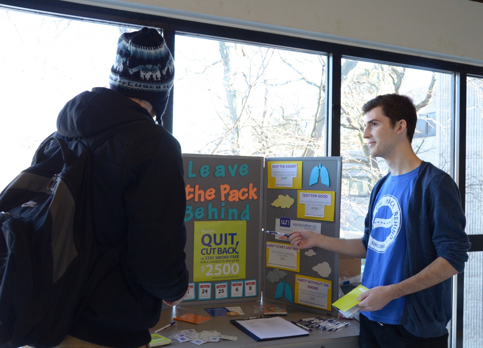 Grant Hayward, member LTPB communications team was in the Mac Chown A Block hallway this week speaking with students about strategies for quitting and the benefits of the wouldurather Contest.