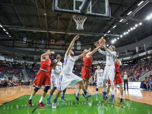 Men's basketball under the net at the Meridian Centre