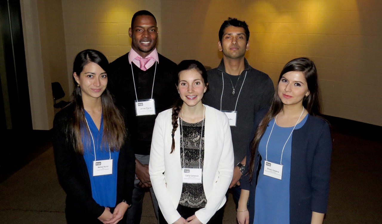 The five finalists for Brock University's Three Minute Thesis competition are, from left: Malisa Kurtz, Jermel Pierre, Carly Cameron, Anshul Sidhu and Dinara Salaeva. The will compete against each other April 7 after making it through the preliminary round Feb. 23.