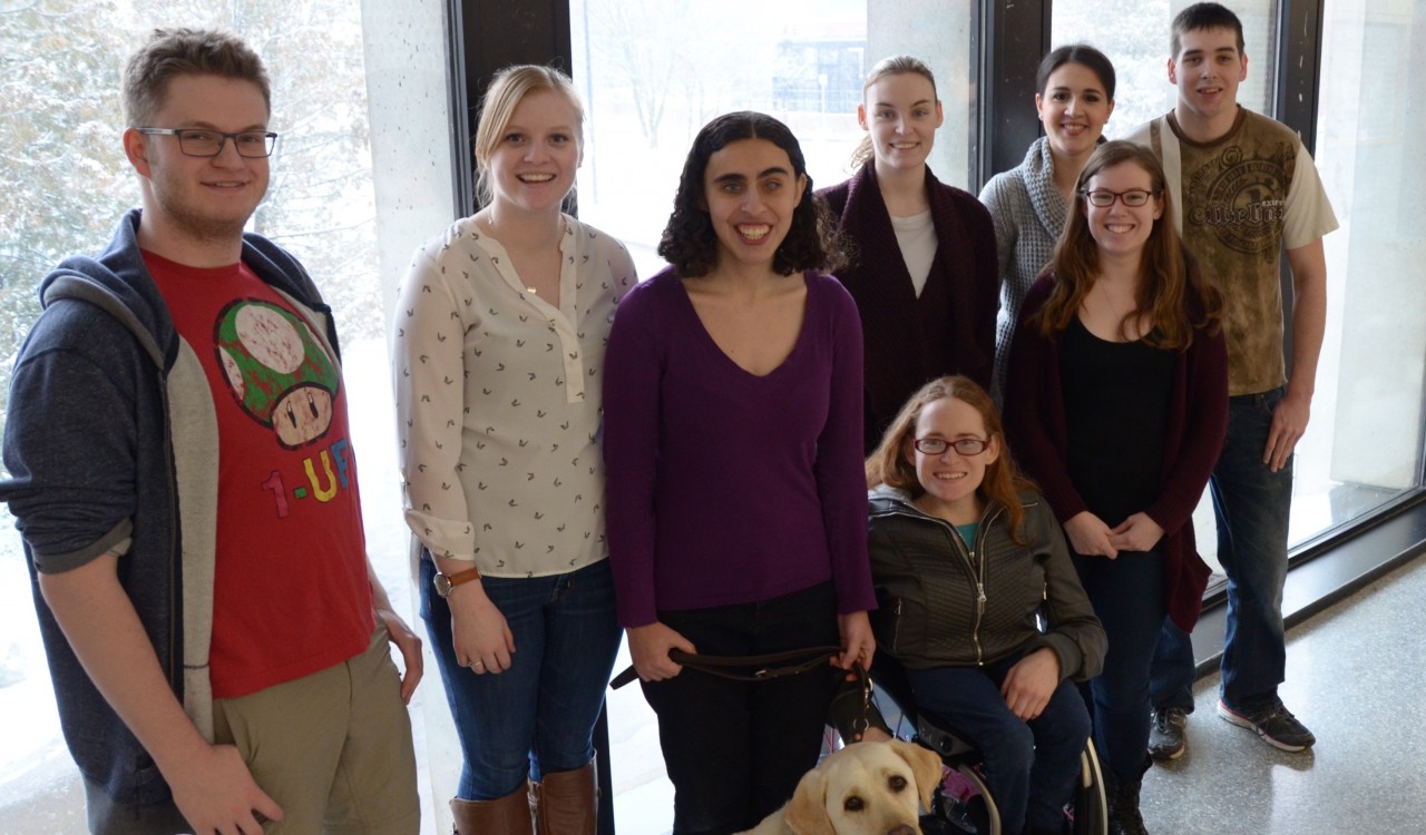 ABLE members (Front L-R): Founder and President Keely Grossman with her service dog/honourary ABLE co-president, Vice-President Jessica Lewis and Alanna Kitching. (Back L-R): Dylan Pineo, Jessica Koppers (Secretary), Cara McAlister, Raquel Welby and Matt Barry (Treasurer).