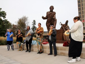 Women perform a song for women last October in front of the Brock statue during the Sisters in Spirit Vigil for Missing and Murdered Aboriginal Women and Girls. File photo.