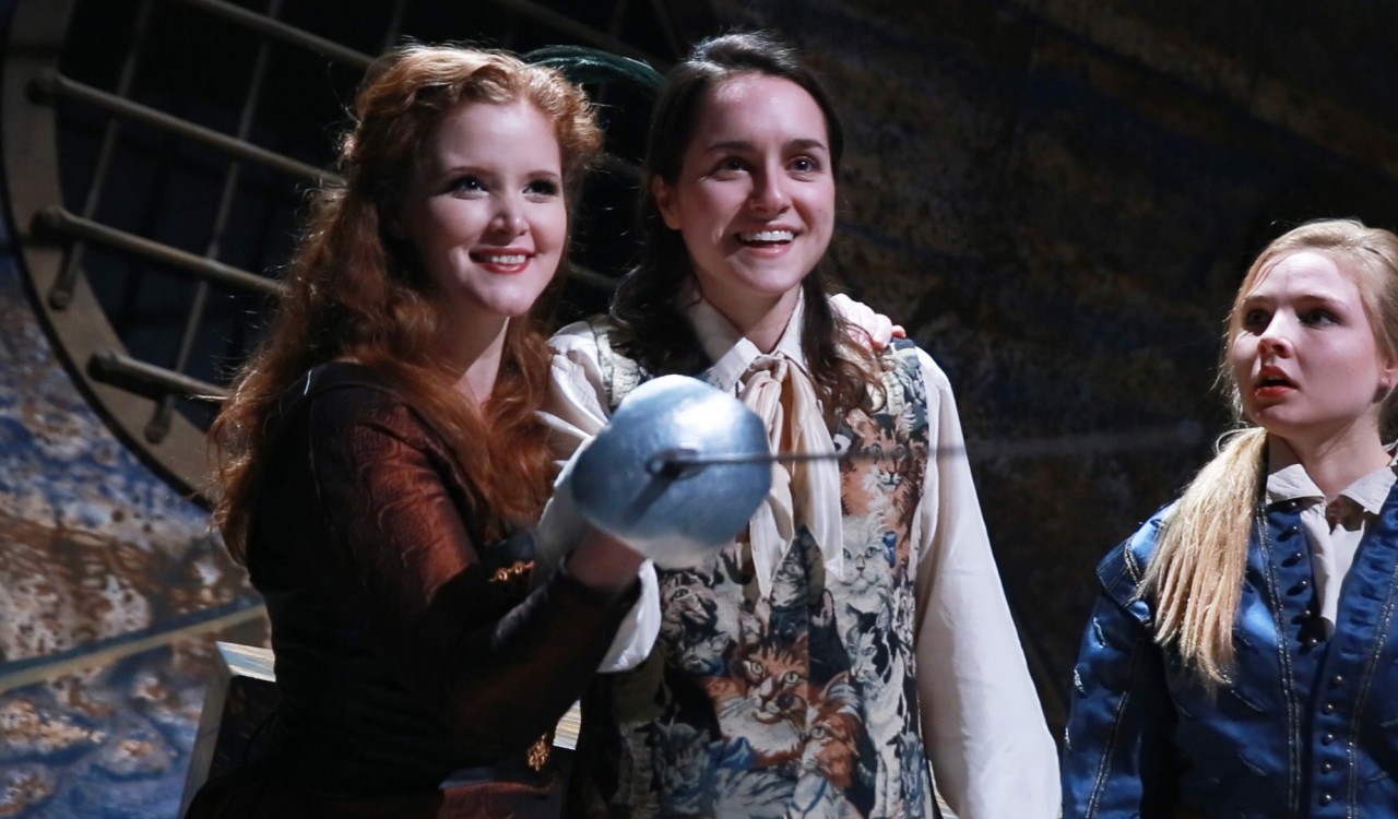 Brock University Dramatic Arts students from left to right: Katelyn Lander, Raylene Turner and Elizabeth Amos rehearsing Goodnight Desdemona (Good Morning Juliet). Photo by Brad McDonald