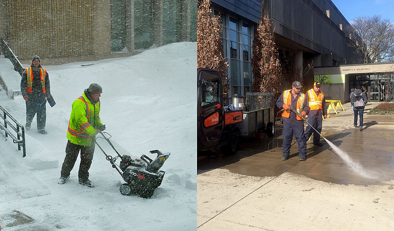 What a difference a year makes. The image on the left was taken on Feb. 2, 2015 when workers were clearing snow and the University had a snow day. The image on the right was taken on Feb. 2, 2016 as crews powerwashed the sidewalk in spring-like conditions.