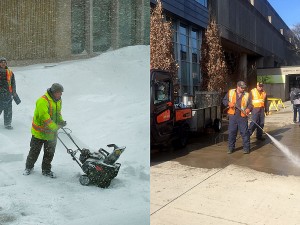 What a difference a year makes. The image on the left was taken on Feb. 2, 2015 when workers were clearing snow and the University had a snow day. The image on the right was taken on Feb. 2, 2016 as crews powerwashed the sidewalk in spring-like conditions.