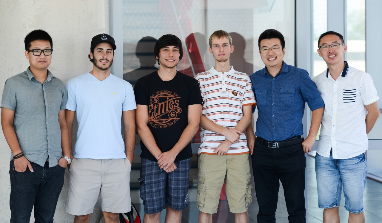 The Brock University research team exploring the use of nanobots to fight disease includes: Xiaolong Yang, left, Sean Mason, Trevor Ealaschuk, Ryan Alt, Feng Li, and Zechen Yu.