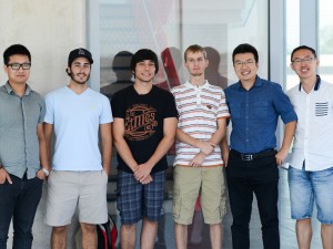 The Brock University research team exploring the use of nanobots to fight disease includes: Xiaolong Yang, left, Sean Mason, Trevor Ealaschuk, Ryan Alt, Feng Li, and Zechen Yu.