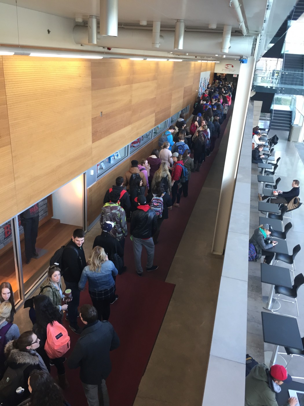 Students line up in the hall near the Campus Store for a free BUSU breakfast Wednesday.