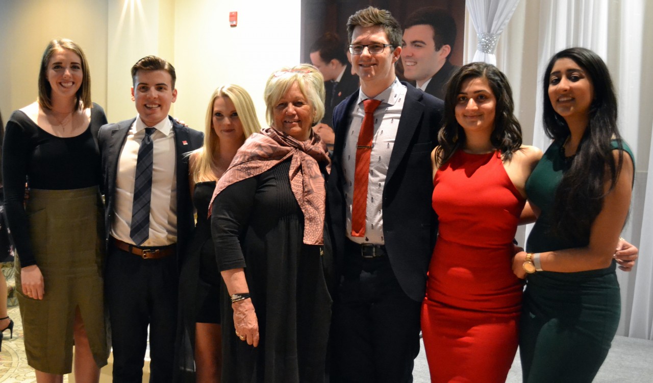 Goodman Business Students’ Association executive team members Heather Bernie, Rudy Ambrosio, Megan Wilson, Sean Bouwers, Deeksha Sharma and Daman Rai with Betty-Lou Souter (centre) of Community Care of St. Catharines and Thorold