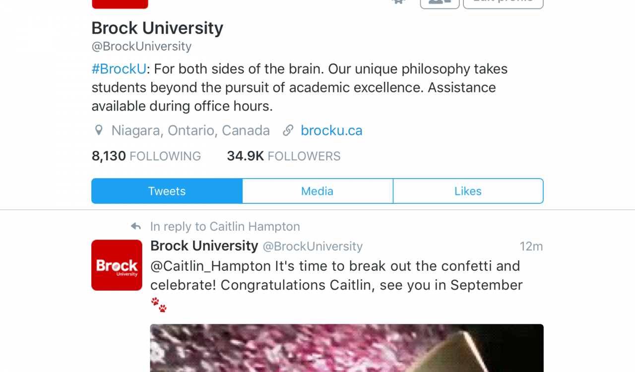 Screen shot of Brock University Twitter page.