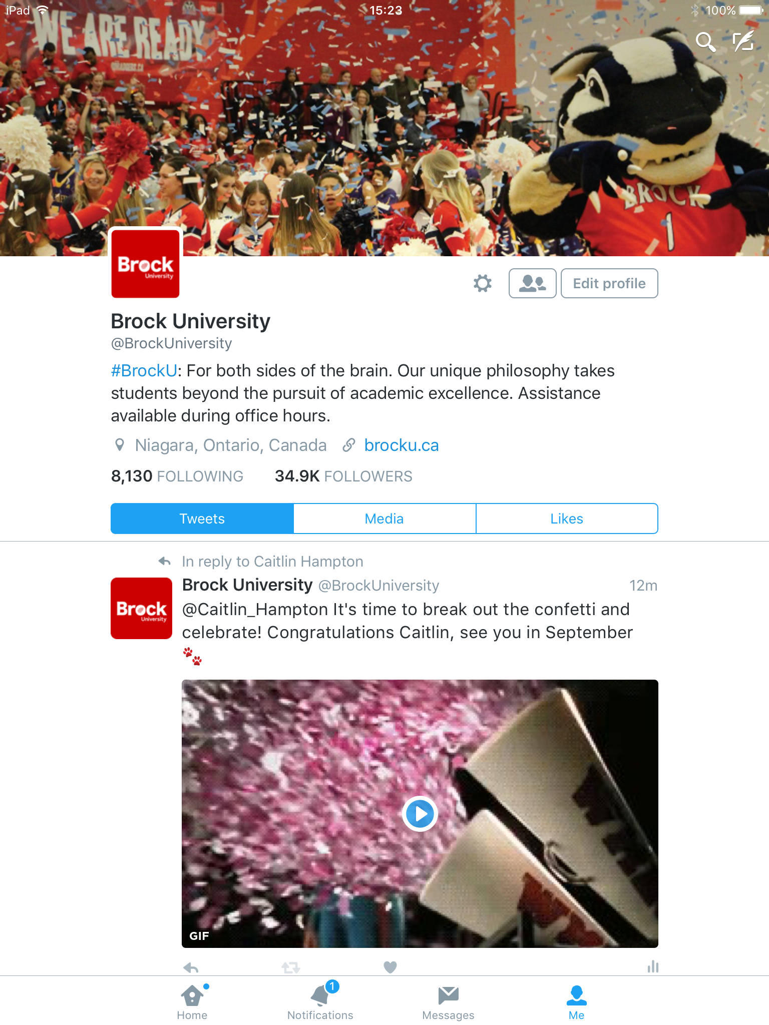 Screen shot of Brock University Twitter page.