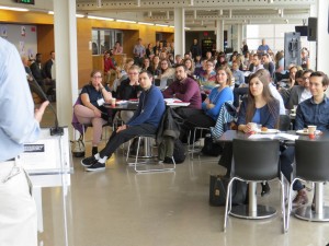 A large crowd watched the 3MT competition during the Mapping the New Knowledges conference April 7.