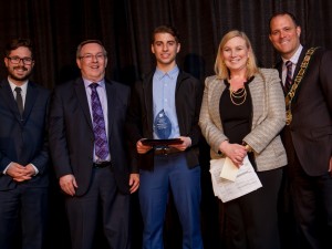 Brock student Yusuf BenHalim, middle, was awarded the Margaret MacLennan Youth Volunteer Award recently. From left is Liberal MP representative Zach Dadson, Liberal MPP Jim Bradley, BenHalim, Wendy Cukier, MacLennan's daughter and incoming Brock president, and St. Catharines Mayor Walter Sendzik.