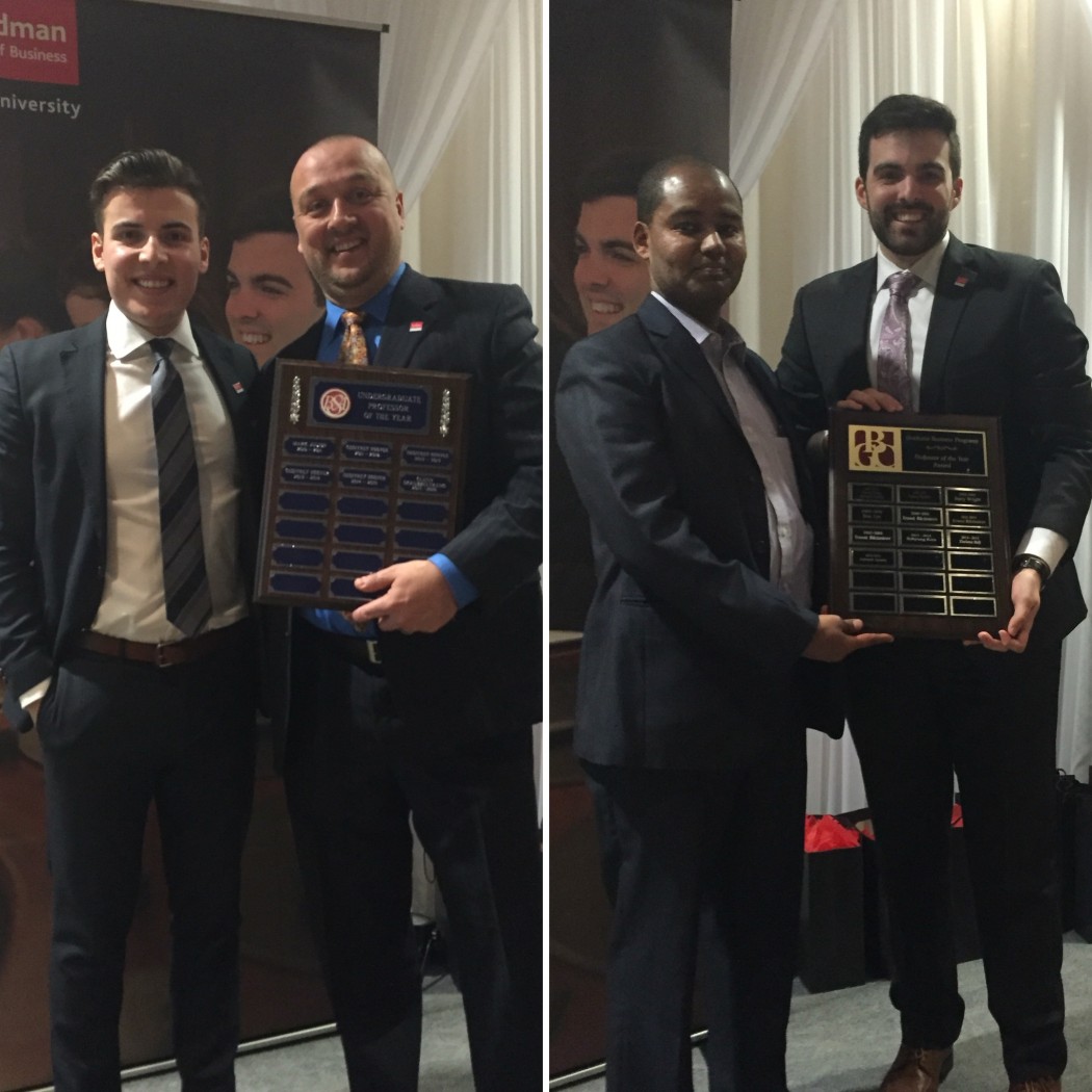 Goodman BSA President Rudy Ambrosio presentsed Prof. Glenn Skrubbeltrang with the Undergraduate Professor of the Year Award, while Goodman GBC President Neil Bourque presented Prof. Anteneh Ayanso with the Graduate Professor of the Year award last night at Goodman BSA Recognition Night