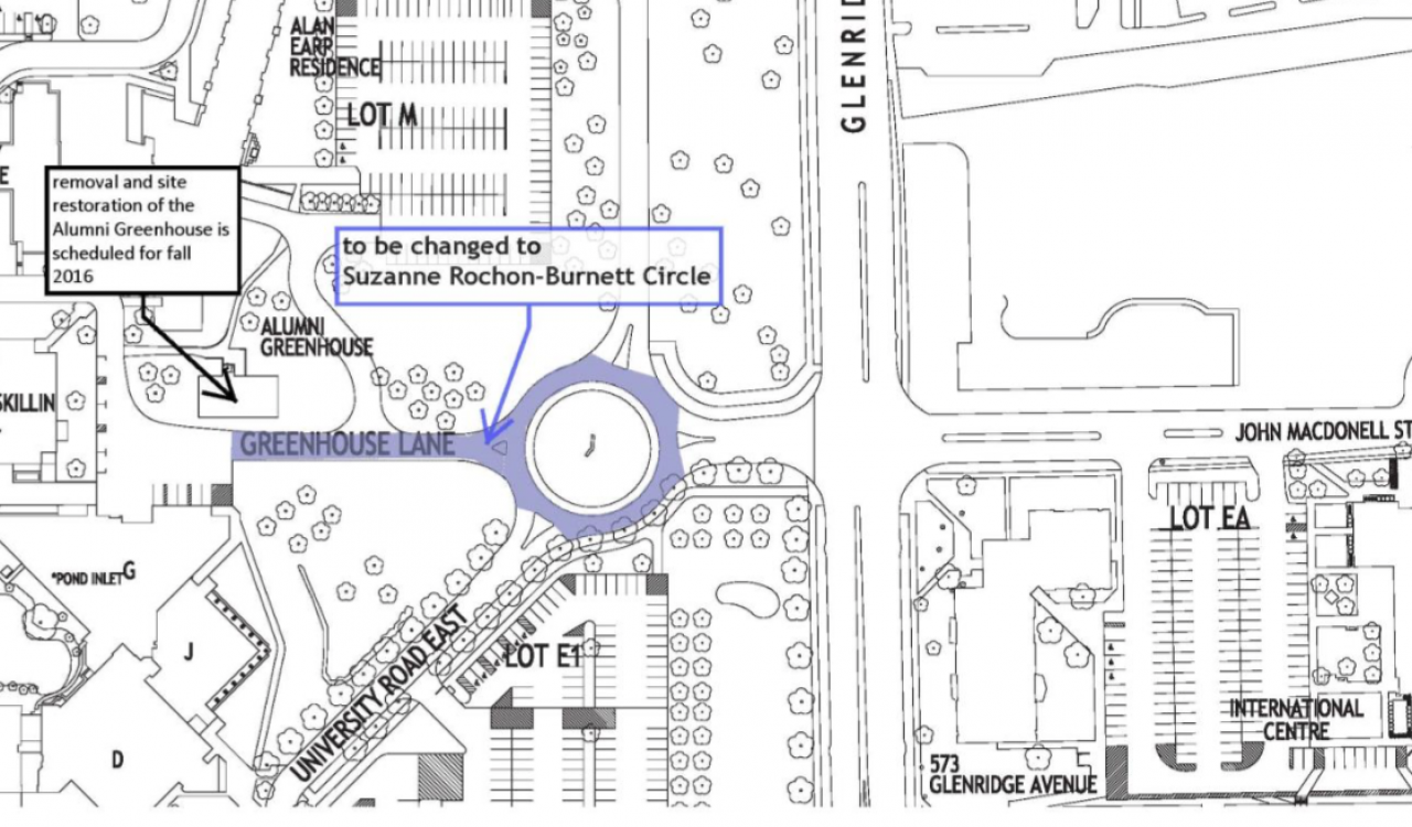 Greenhouse Lane and roundabout being renamed Suzanne Rochon-Burnett Circle.