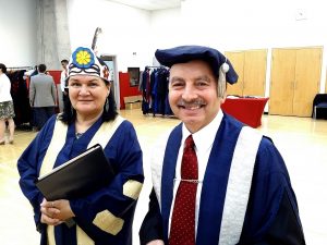 Chancellor Shirley Cheechoo and President and Vice-Chancellor Jack Lightstone prepare for the first day of Spring Convocation in the gowning room at Brock University Tuesday, June 7.