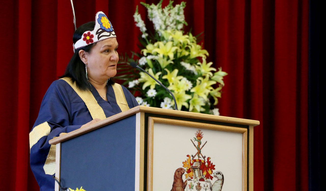 Chancellor Shirley Cheechoo delivers one of eight convocation week addresses to graduating students.