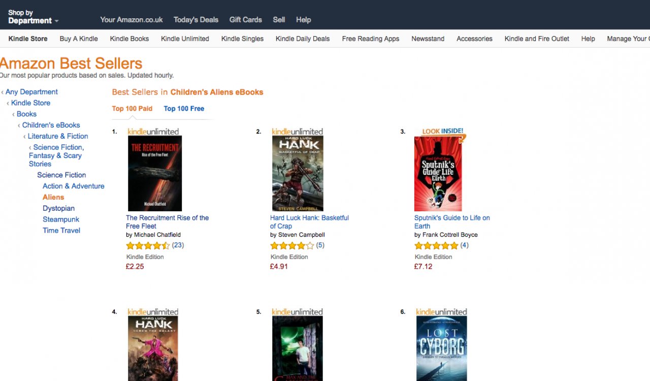 A screen shot of the Amazon UK science fiction chart shows Michael Chatfield's book as number one in the children's alien e-book category.