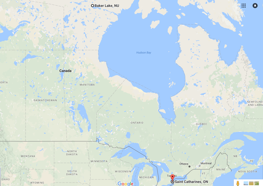 Google Map showing Baker Lake in the north and St. Catharines in the south.