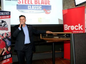 Murray Nystrom, head coach of the Brock University men's hockey team, at the press conference announcing this year's annual Homecoming Steel Blades Classic will be played at the Meridian Centre in downtown St. Catharines.