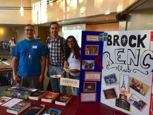 Members of Brock's French Club at the Modern Languages, Literatures and Cultures meet and greet event, Sept. 20. From left: Daniel Joshua MacLean (representing the French Club), Juan Uribe and Merna Seliman.