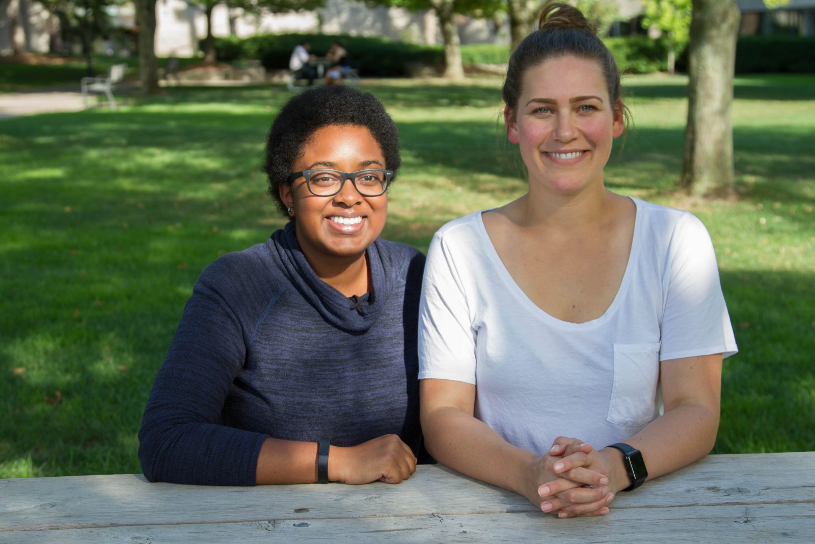 Biotechnology grad students Esther Onguta and Jennifer Kelly.