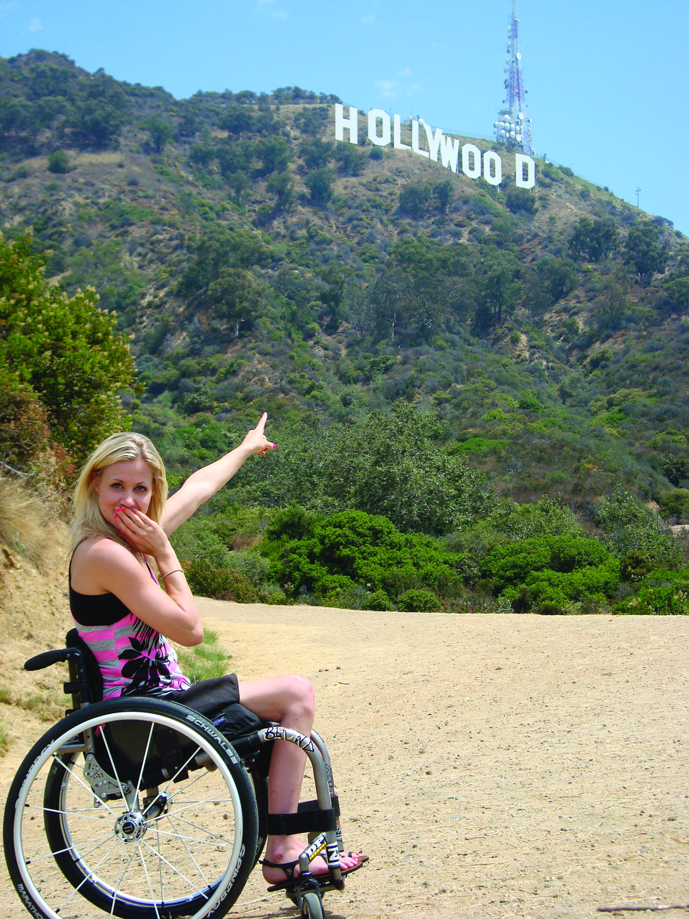 Christi Rougoor points to the Hollywood sign during her first trip to California.