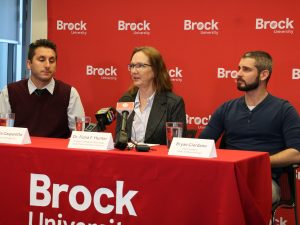 Alessio Gasparotto, Manager, Entomogen Inc., Brock medical entomologist Fiona Hunter and Bryan Giordano, PhD candidate in the Centre for Biotechnology at Brock, at a news conference following the discovery of Aedes aegypti mosquitoes in Windsor.