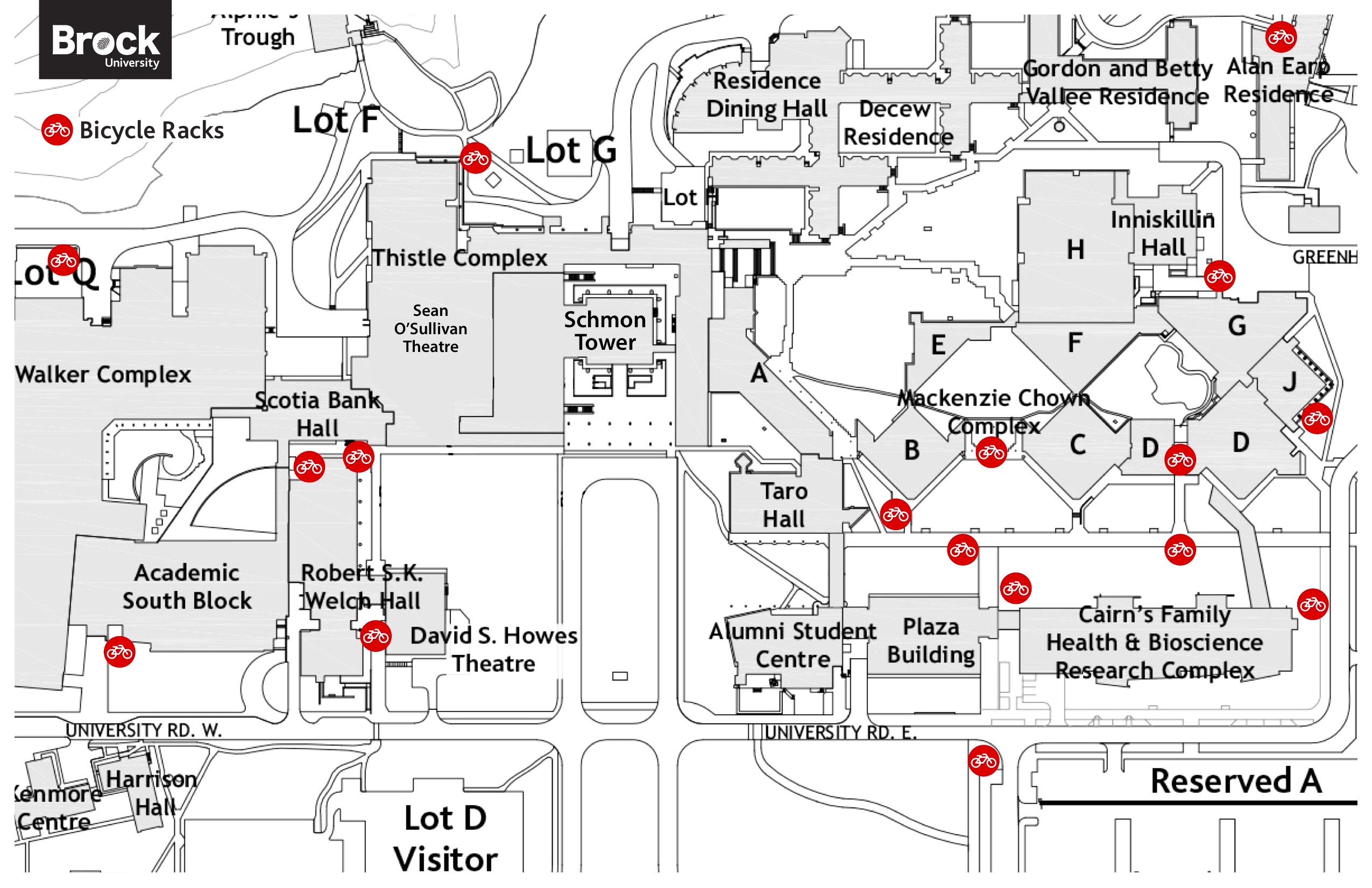 Red icons indicate bicycle racks in the central campus area. New racks in the pedestrian area between Plaza Building and Mackenzie Chown Complex will be monitored by security cameras. 