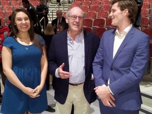 Terry O'Malley chats with Ashley Howard and Mitchell Cowan, winners of this year's Grant Dobson Case Competition.